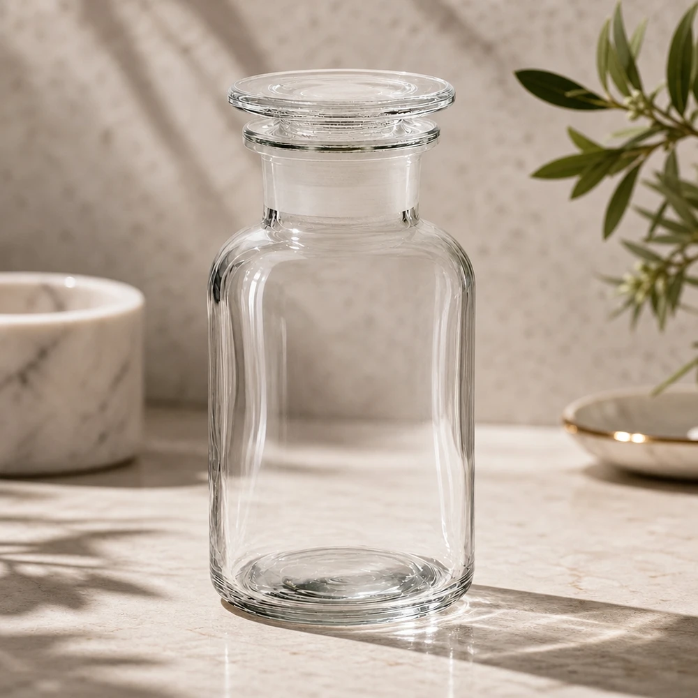 Rund skulderflaske 250 ml klar glasprop med bred hals Tom rundskulderflaske på 250 ml af klart glas med bred hals og påsat glasprop