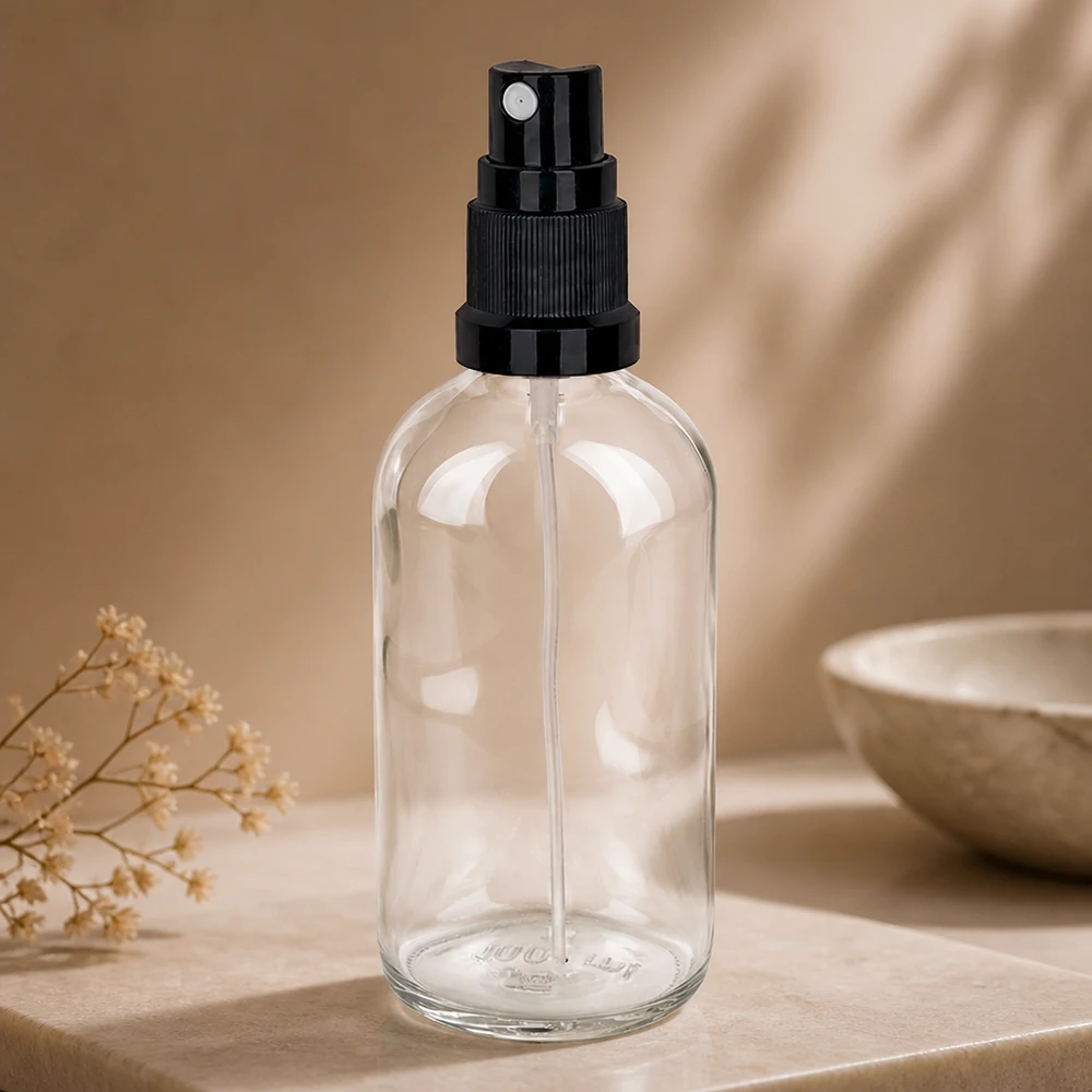 100 ml sprayflaske sort STD ClearLine UT18/100 Gennemsigtig 100 ml glasflaske med sort finforstøverhoved på en lys marmorfod