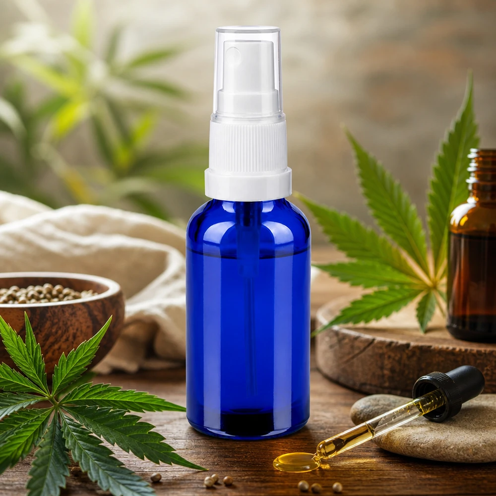 30 ml blå glasflaske med gennemsigtigt sprayhoved til naturlig hudpleje og wellness