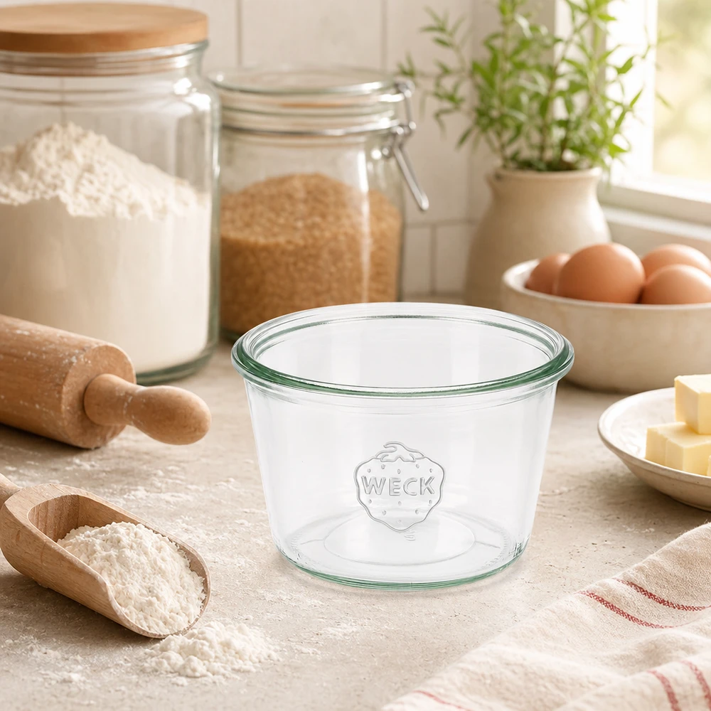 370 ml Briller WECK RR100 WECK glaskrukke 370ml RR100 i køkkenet med bageingredienser og køkkenredskaber