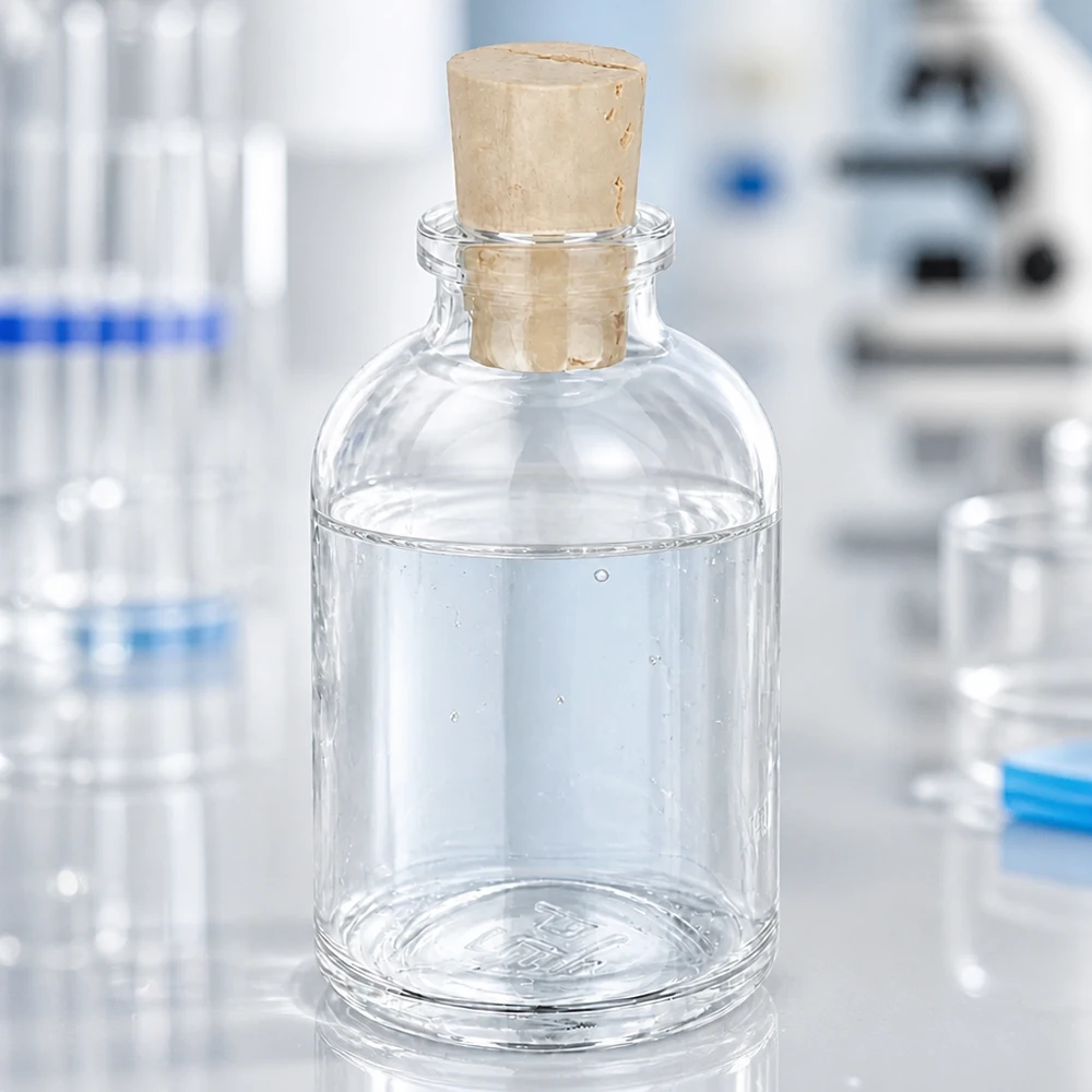 Flaske i klart glas 50 ml med kork 11/14 mm Verschlossene Laborflasche 50ml aus transparentem Glas mit Korkstopfen Nahaufnahme