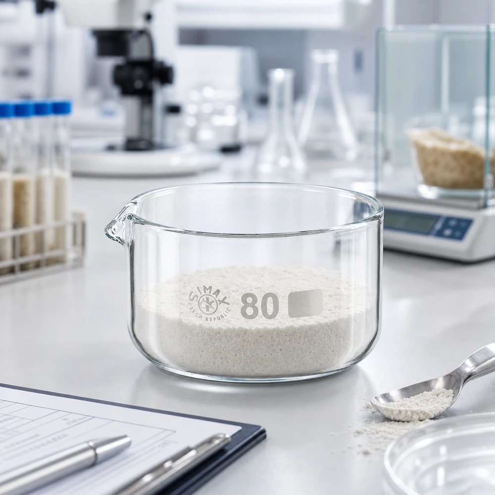 Krystalliseringsskål 150 ml med borosilikat-tud Krystalliseringsskål på 150 ml med hvidt pulver på en laboratorievægt og et mikroskop i baggrunden, ø 80 mm