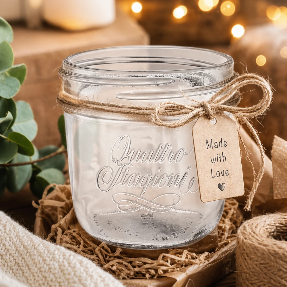 200 ml "Quattro Stagioni"-smykkeglas 200 ml Quattro Stagioni smykkekrukke med jutebånd og Made with Love-vedhæng i rustik udsmykning