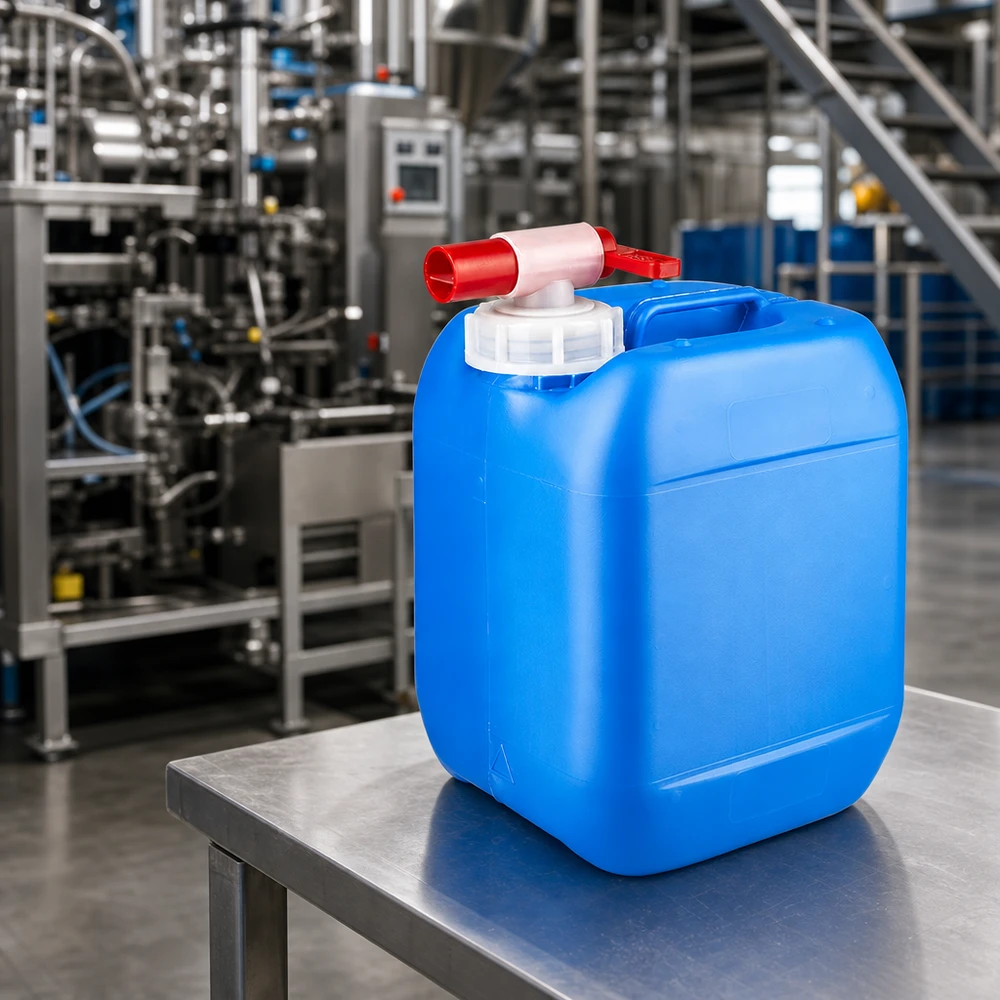 Rektangulær 5-liters dunk, blå med rødt tappehåndtag, på et bord af rustfrit stål i et industrianlæg