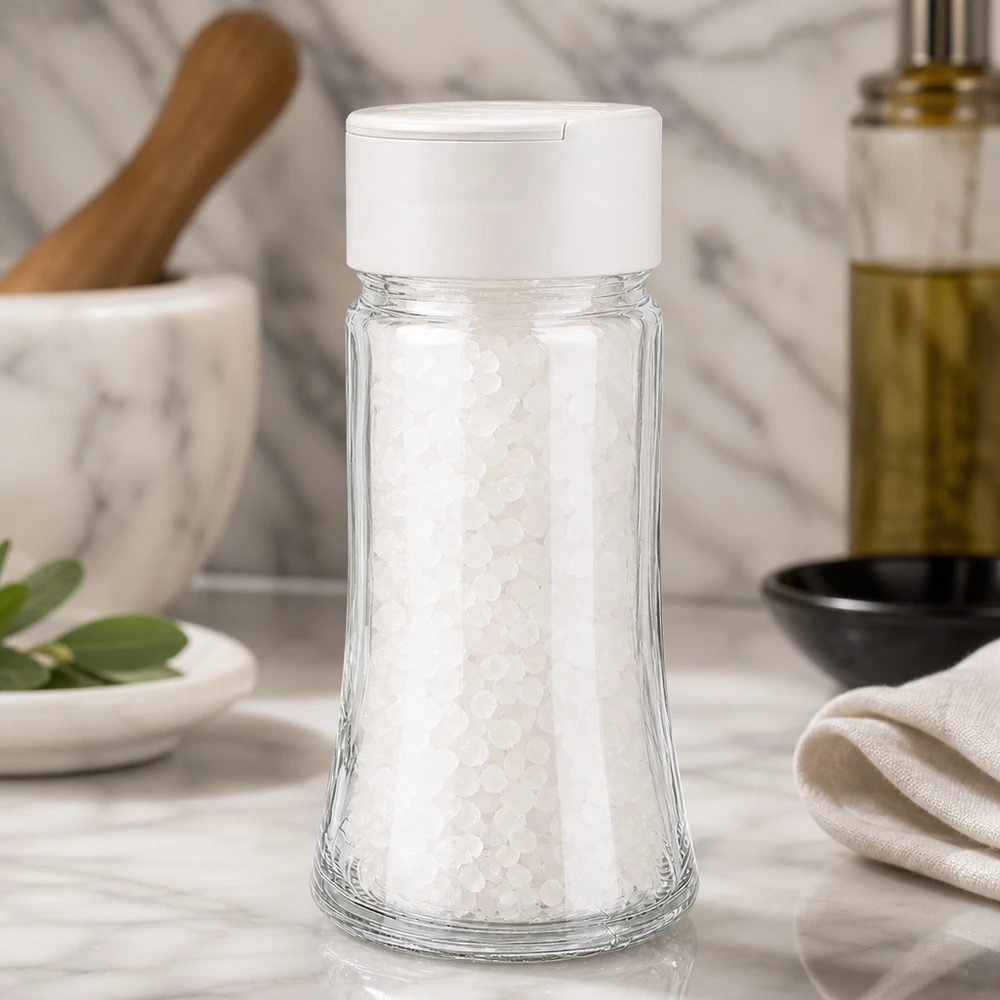 Salt- og krydderiglas 95 ml med hvidt dobbeltstænk, fyldt med groft havsalt på marmorunderlag