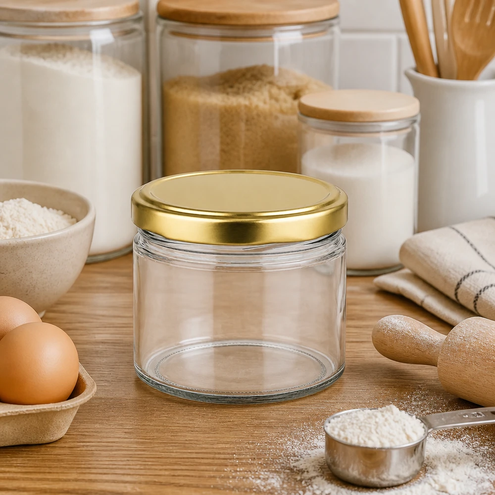 540 ml rund krukke med BasicSeal-låg i guld UNiTWIST 540 ml rund krukke med gyldent BasicSeal-låg i et moderne køkken mellem opbevaringskrukker og bageingredienser