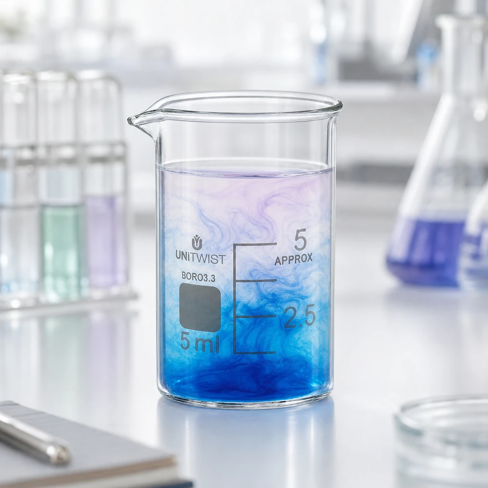Bæger 5 ml borosilikat, lav form UNiTWIST Lille laboratoriebæger på 5 ml af borosilikatglas 3.3 med blå farve og måleskala