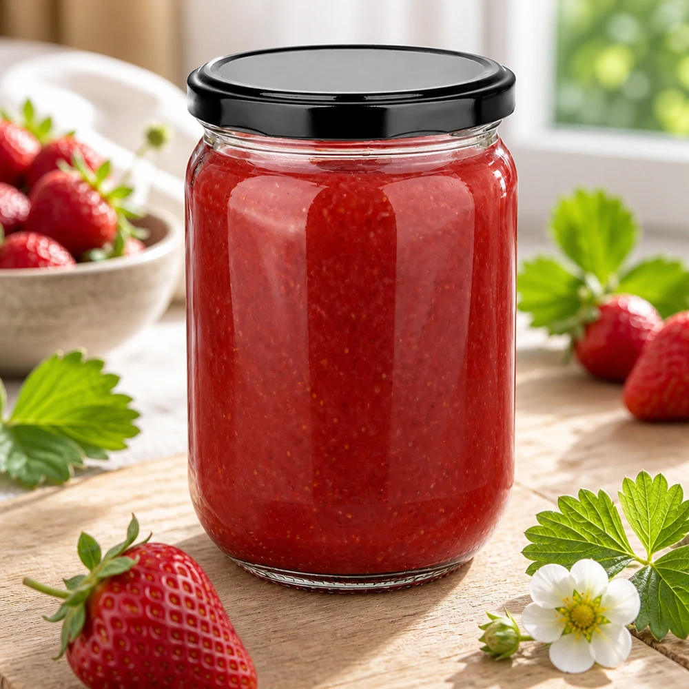 555 ml rundt UniTwist-glas fyldt med hjemmelavet jordbærmarmelade og et sort BasicSeal-låg