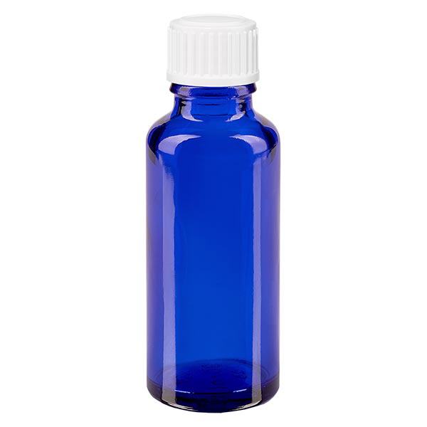 Apoteksflaske blå 30ml skruelåg hvide kugler St Apoteksflaske blå 30ml skruelåg hvide kugler St