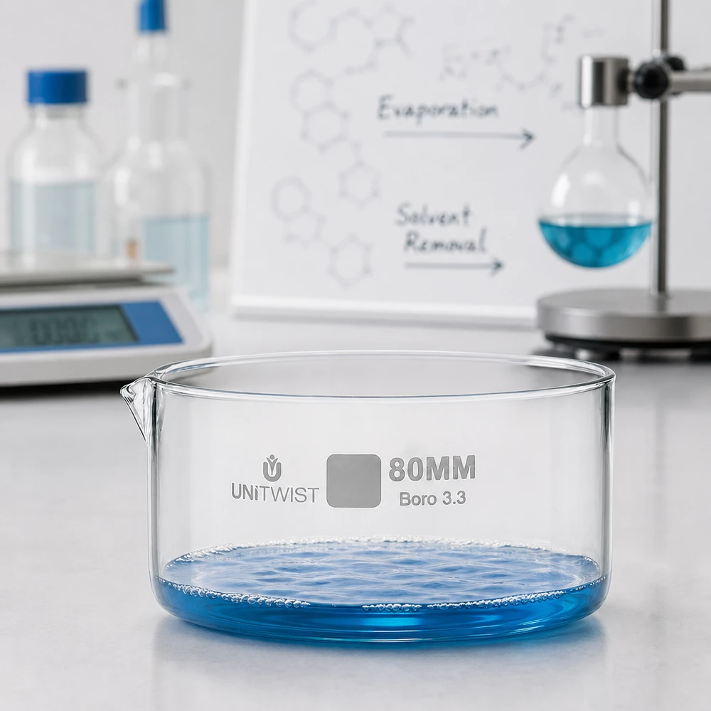 Krystalliseringsskål ø80mm borosilikatglas UNiTWIST UNiTWIST-krystalliseringsskål, ø 80 mm, borosilikatglas 3.3, med blå væske på en hvid laboratorieoverflade