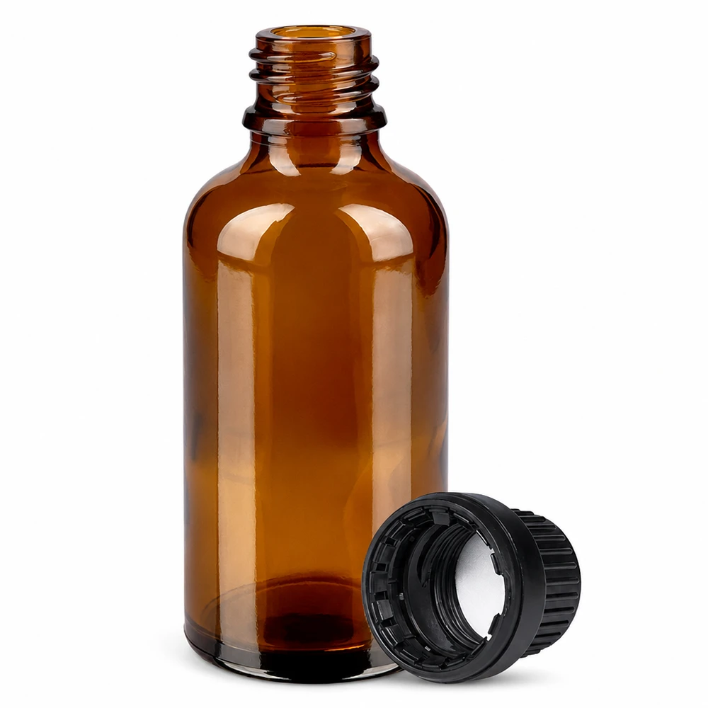50 ml flaske 11 mm SV sort OV BrownLine UT18/50 50 ml apoteksflaske i ravfarvet glas med 11 mm gevind og sort hætte til medicin