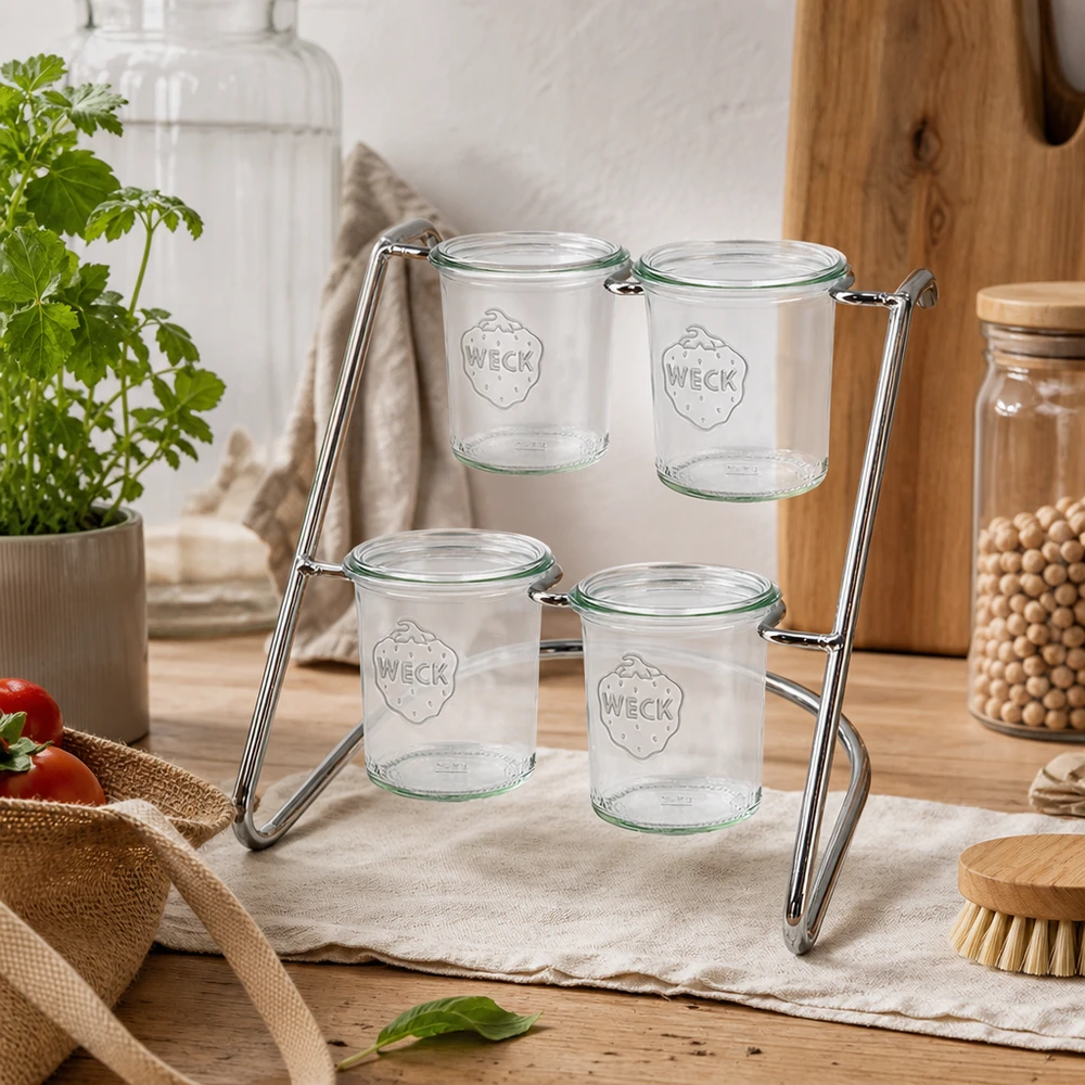 Serverstativ Flato4 til 4 WECK-glas Flato4 serveringsstativ på træbord med tomme WECK-krukker - minimalistisk design til naturlig køkkenindretning