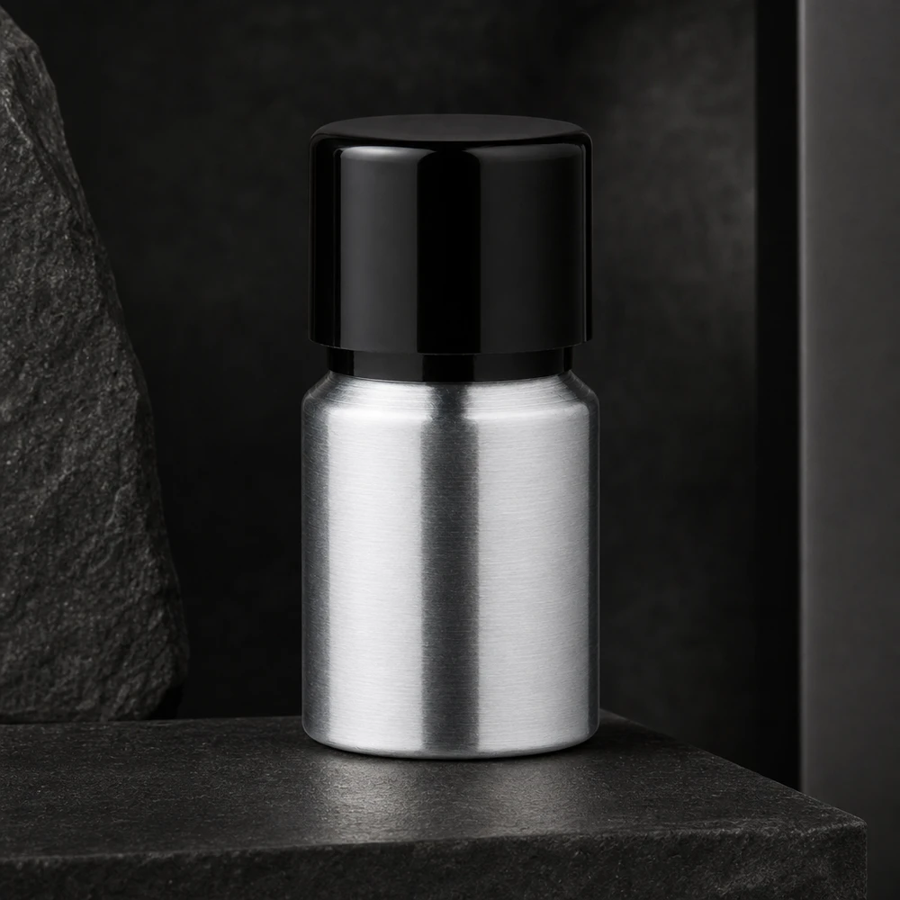 10 ml flaske i poleret aluminium med skruelåg 10 ml aluminiumsflaske af høj kvalitet med børstet metaloverflade og praktisk skruelåg