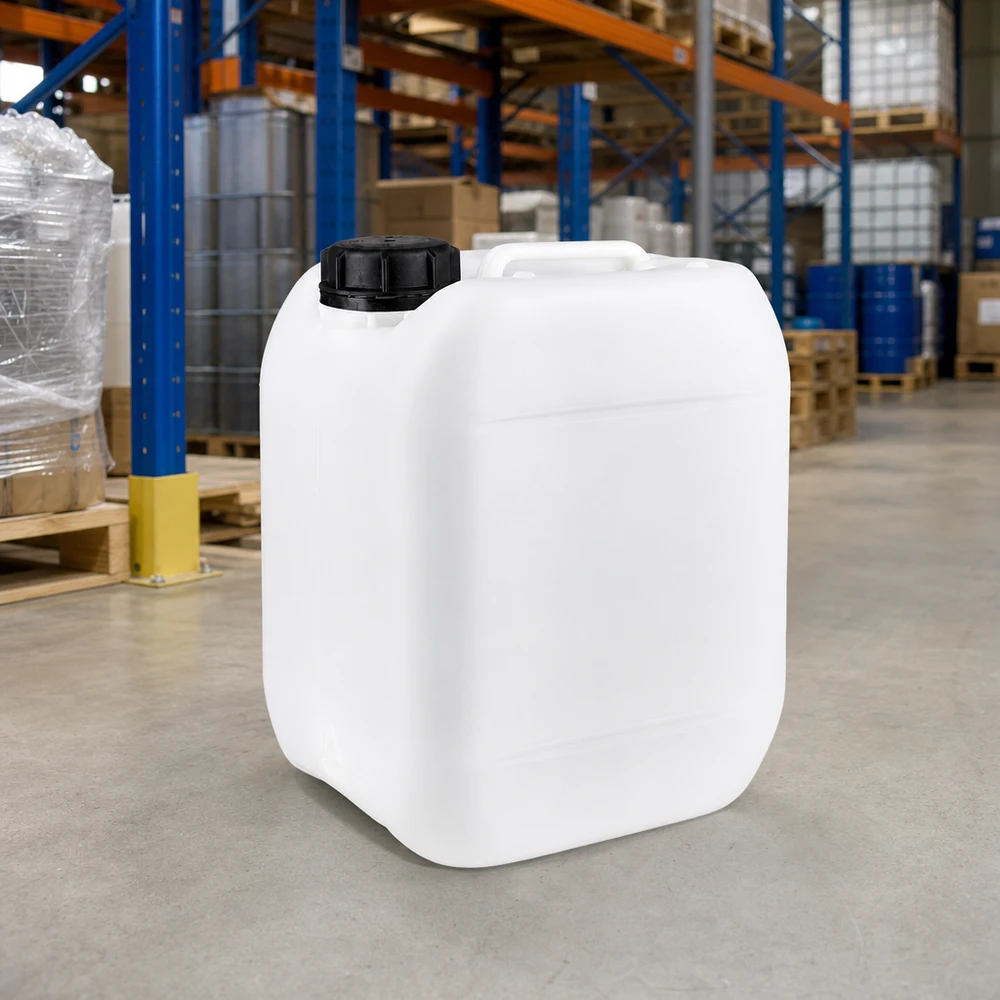 Beholder 5 liter med skruelåg OV Hvid 5-liters dunk med skruelåg og håndtagsfordybning på betongulvet i lageret