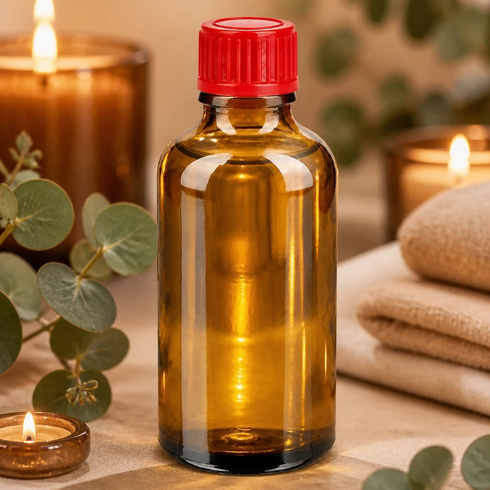 50 ml flaske 11 mm SV rød STD BrownLine UT18/50 50 ml glasflaske i brun farve med rød hætte til æteriske olier og kosmetik