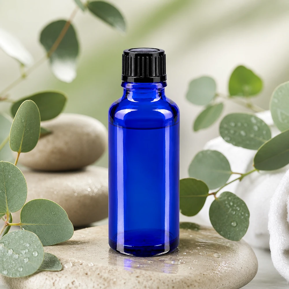 Koboltblå 30 ml apotekerflaske med sort dråbepropp på wellness-sten