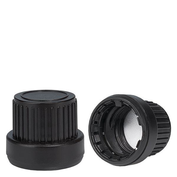 Skruelåg sort (DIN18, UT18) PE-forsegling med sikkerhedsring. Til ApoGlas®, UNiTWIST® & Miron® Apoteksflasker 5-100 ml med 18 mm gevind. Skruelåg sort (DIN18, UT18) PE-forsegling med sikkerhedsring. Til ApoGlas®, UNiTWIST® & Miron® Apoteksflasker 5-100 ml med 18 mm gevind.
