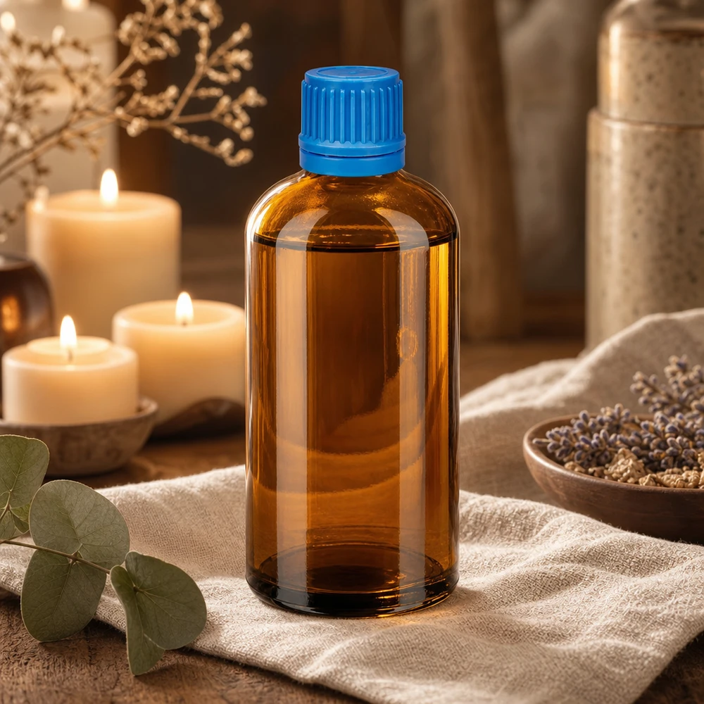 100 ml flaske 11 mm SV blå OV BrownLine UT18/100 Kompakt 100 ml glasflaske i brun med blåt sikkerhedsdæksel til farmaceutisk brug