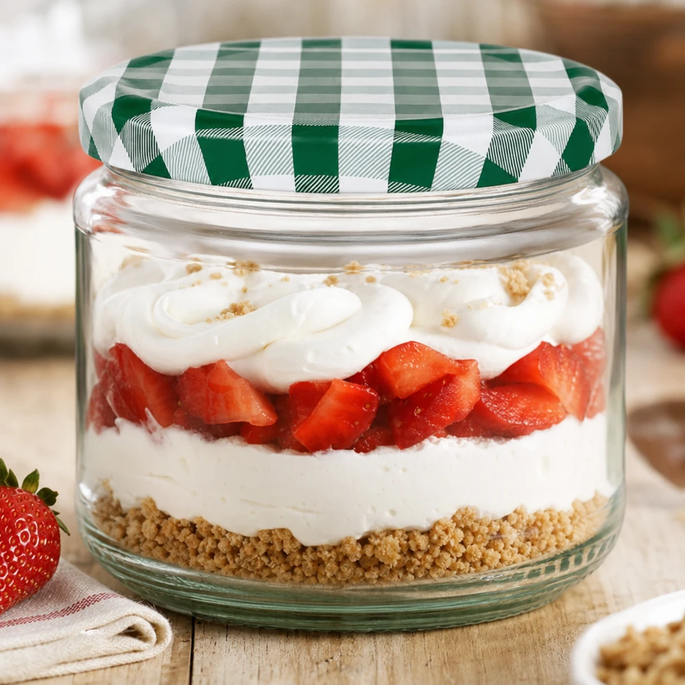 330 ml rund krukke + BasicSeal-låg grøn/hvid UNiTWIST 330 ml rund dessertkrukke med jordbær- og flødedessert i lag, grønt og hvidt BasicSeal-låg, parfait i en krukke