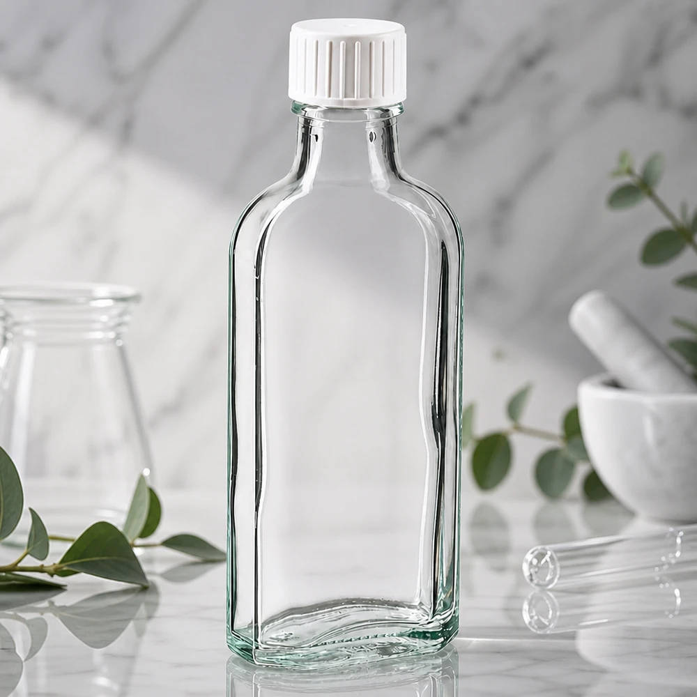 100 ml Meplat klar skruelåg med hældering Tom 100 ml Meplat-glasflaske med hvid børnesikret låg og hældering