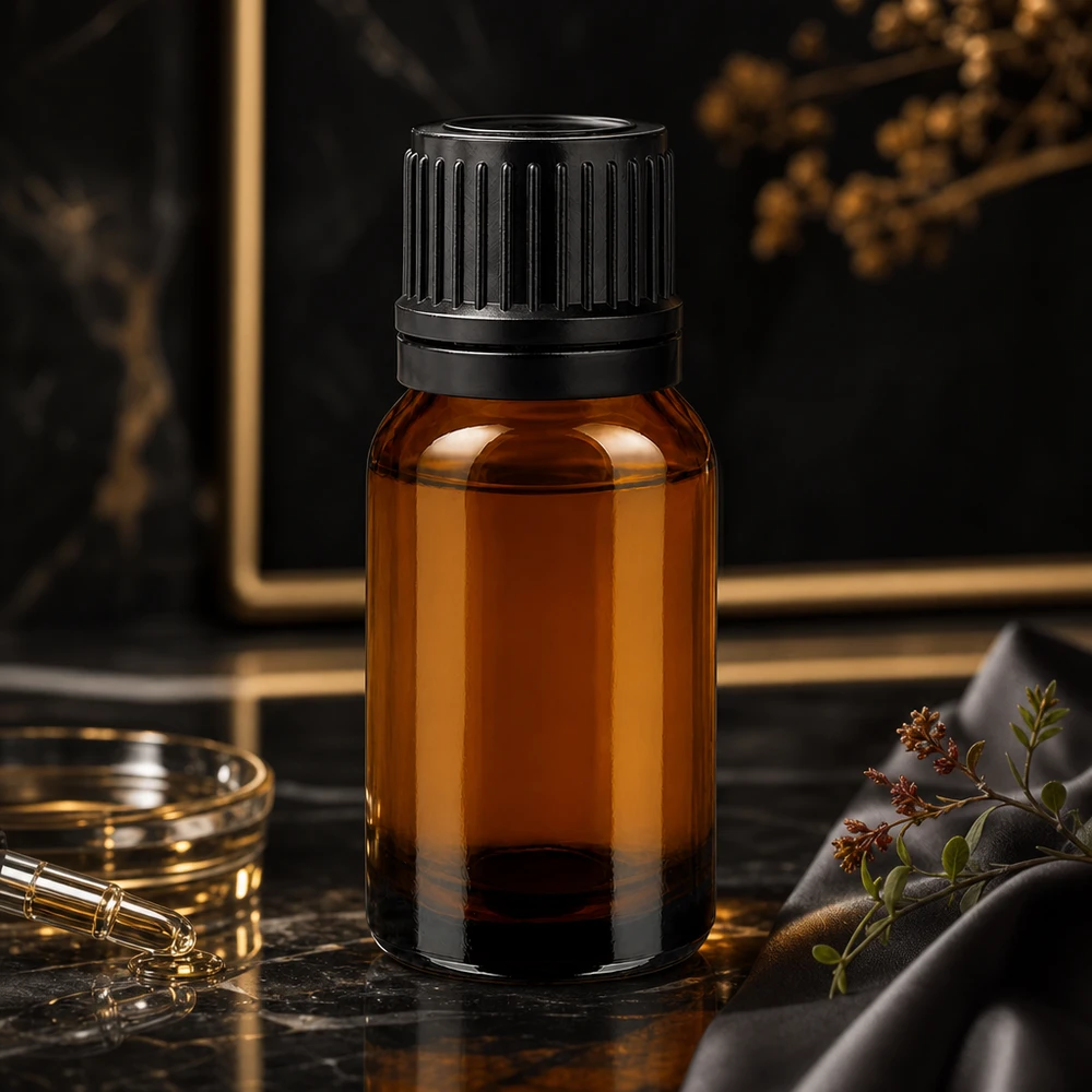10 ml flaske 11 mm SV sort OV BrownLine UT18/10 10 ml apoteksflaske af robust ravfarvet glas med børnesikret skruelåg til laboratoriebrug