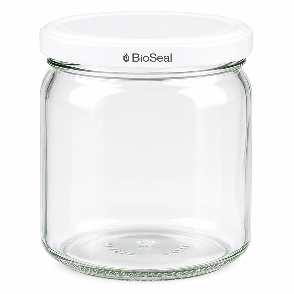 UNiTWIST Runda408 med hvidt låg TO82 BioSeal UNiTWIST Runda408 konservesglas med hvidt TO82 BioSeal-låg - rundt opbevaringsglas til køkkenet