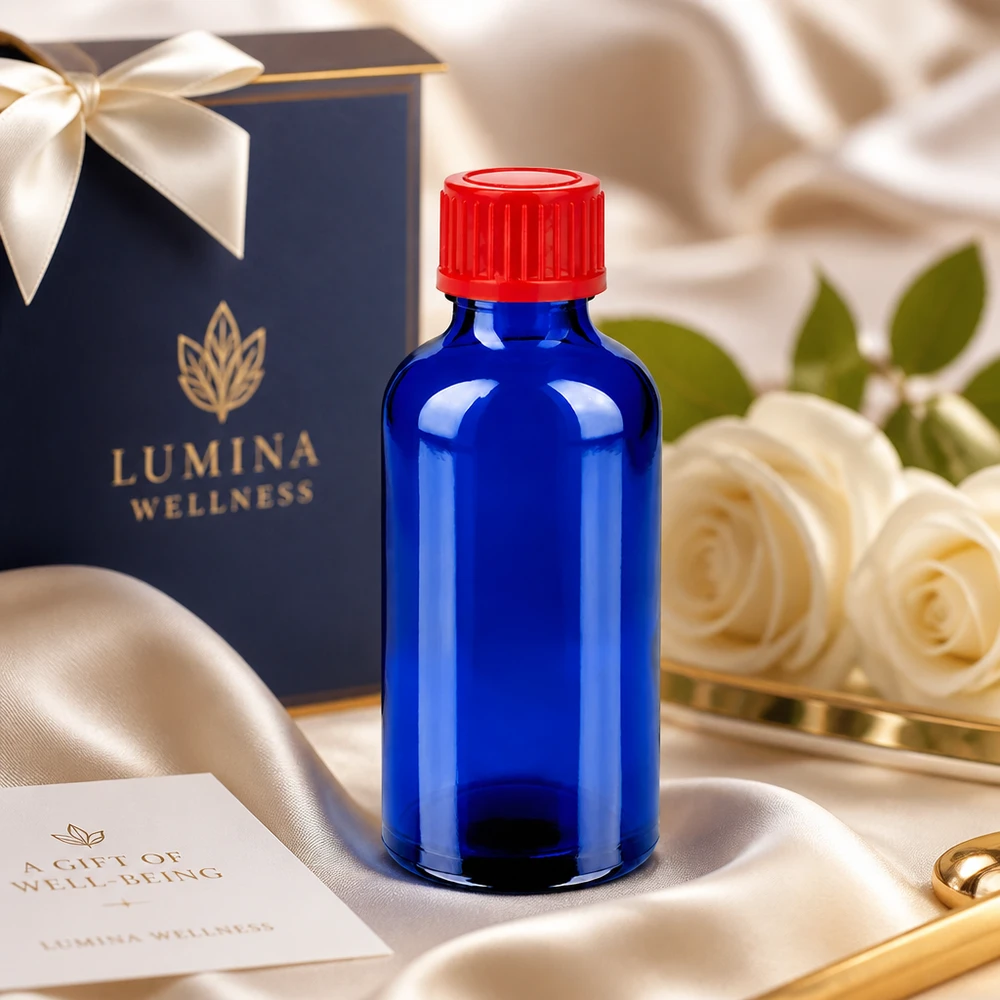 50 ml flaske 11 mm SV rød STD BlueLine UT18/50 Kompakt 50 ml BlueLine UT18/50-glasflaske med rødt og blåt kontrastfarvedesign