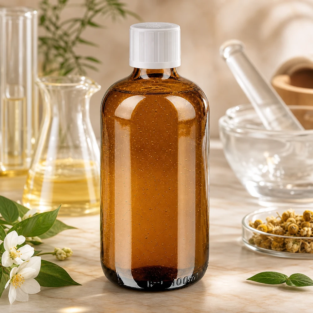 100 ml brun glasflaske med hvid børnesikret låg med kamilleblomster – naturmedicin