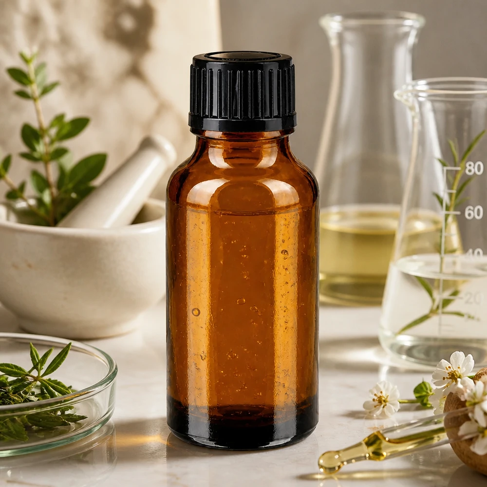 Brun 20 ml glasflaske med sort låg ved siden af en morter og friske urter