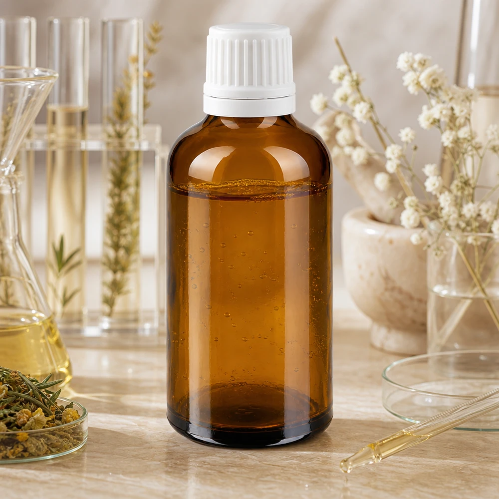 50 ml apotekerflaske af brunt glas med hvid skruelåg til naturkosmetik og urteekstrakter