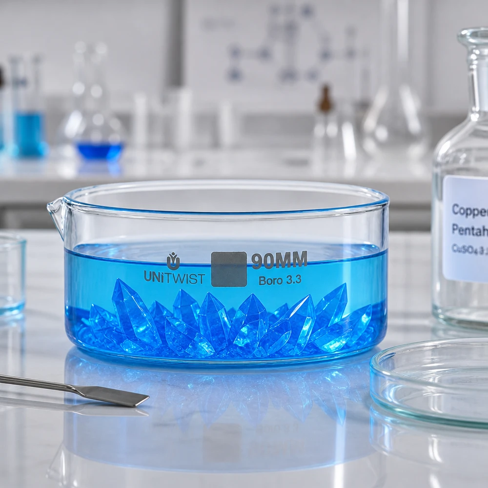 Krystalliseringsskål ø90mm borosilikatglas UNiTWIST UNiTWIST-krystalliseringsskål, 90 mm, med blå kobbersulfatkrystaller i borosilikatglas til laboratoriebrug