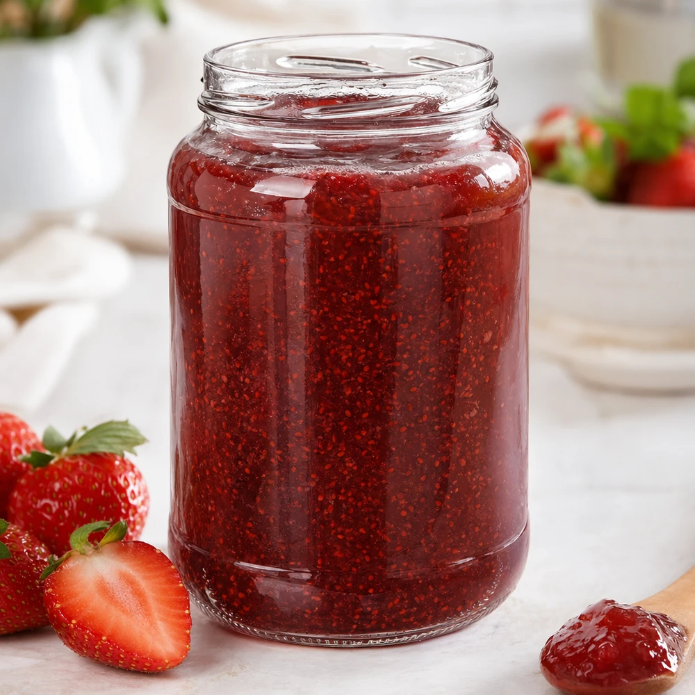 UNiTWIST Runda1700 - Briller med en kapacitet på 1700 ml TO100 UNiTWIST Runda1700 glas 1700ml TO100 med hjemmelavet jordbærmarmelade friske jordbær morgenmadsbord hvid