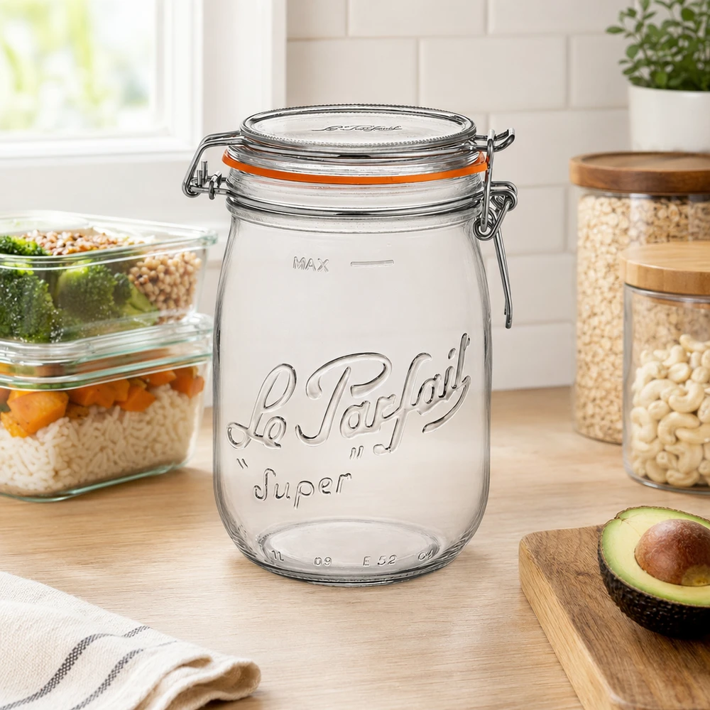 Le Parfait® glas 1 L Ø85 mm opbevaring 1000 ml Le Parfait Super opbevaringskrukke med svingtop i moderne køkkener ved siden af avocado og andre opbevaringsbeholdere
