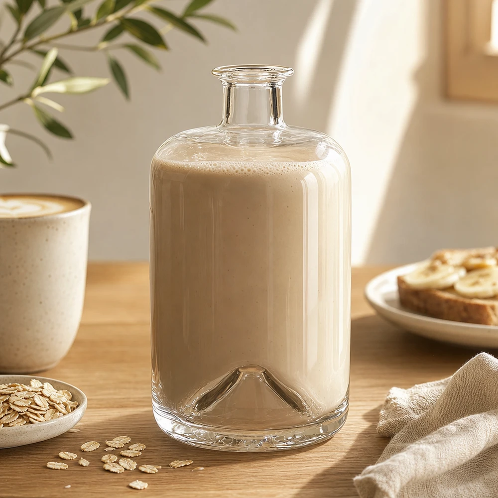 700 ml apoteksflaske »Sofia« uden lukning UNiTWIST® 700 ml Sofia-glasflaske fyldt med havremælk på træbord ved siden af havregryn og kaffekop Lifestyle shot