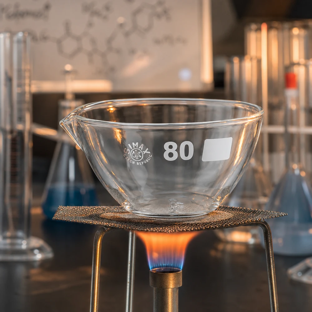 90 ml fordampningsskål med borosilikat-tud Gennemsigtig 90 ml laboratorieskål med praktisk tud lavet af borosilikatglas af høj kvalitet