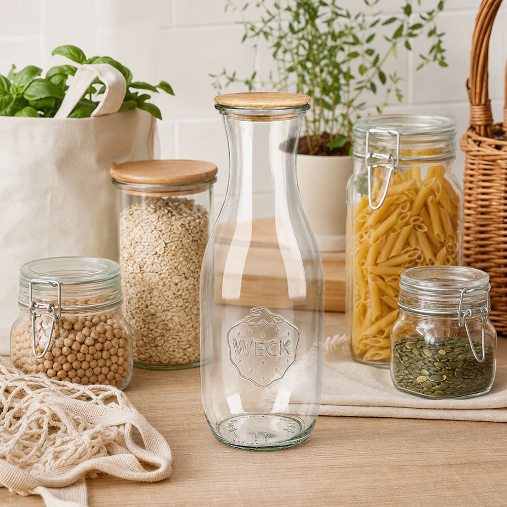 1062 ml juiceflaske WECK RR60 med trælåg WECK juiceflaske 1062 ml med trælåg i affaldsfrit køkken ved siden af opbevaringsglas med pasta og bælgfrugter