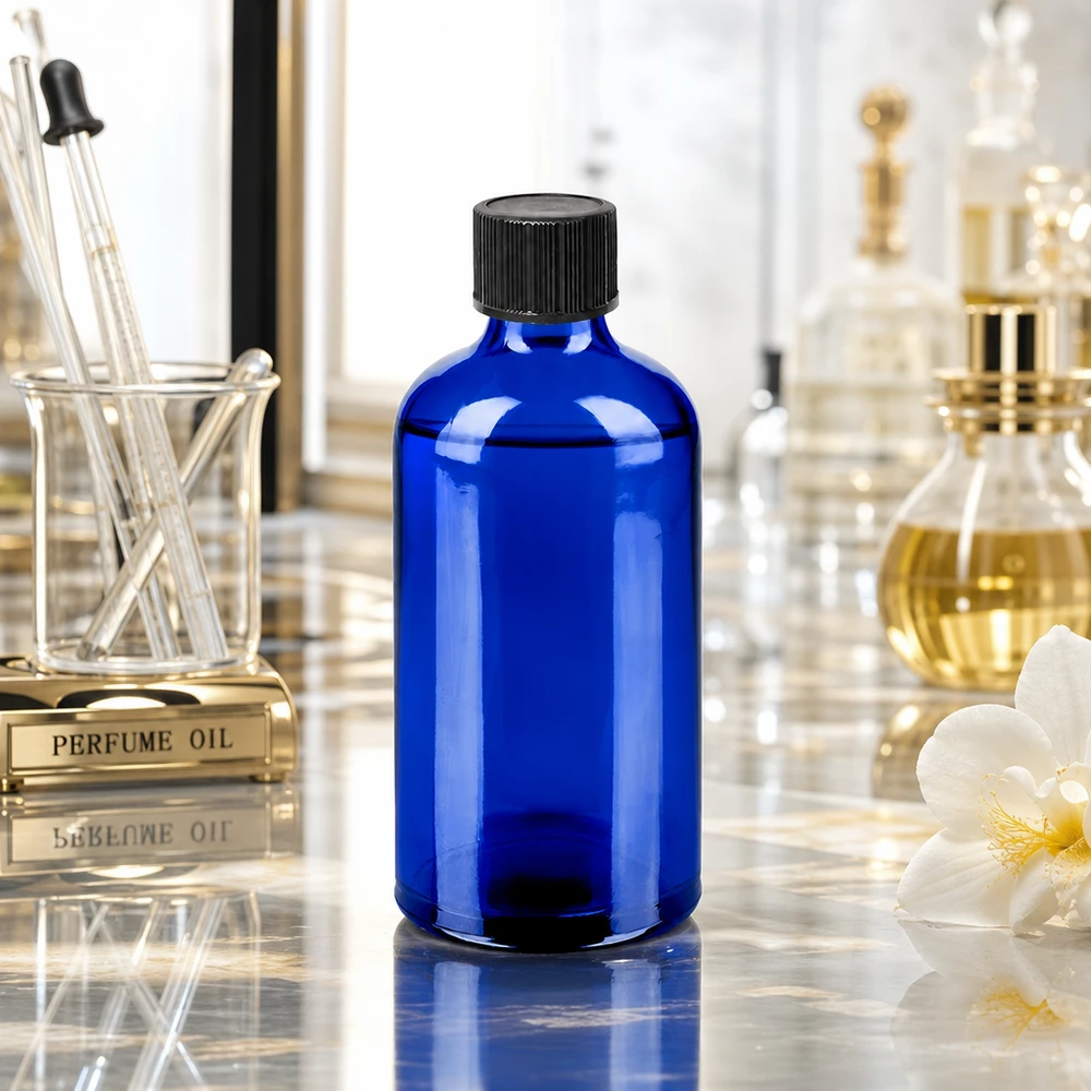 Elegant koboltblå dråbeflaske 100 ml med mat sort hætte til stilfuld produktpræsentation