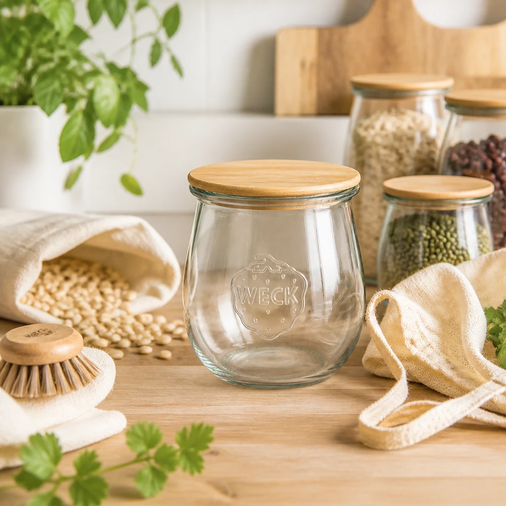 220 ml tulipankrukke WECK RR60 med trælåg WECK Tulpenglas 220ml RR60 Holzdeckel in Zero-Waste Küche mit Hülsenfrüchten Getreide und nachhaltigen Utensilien