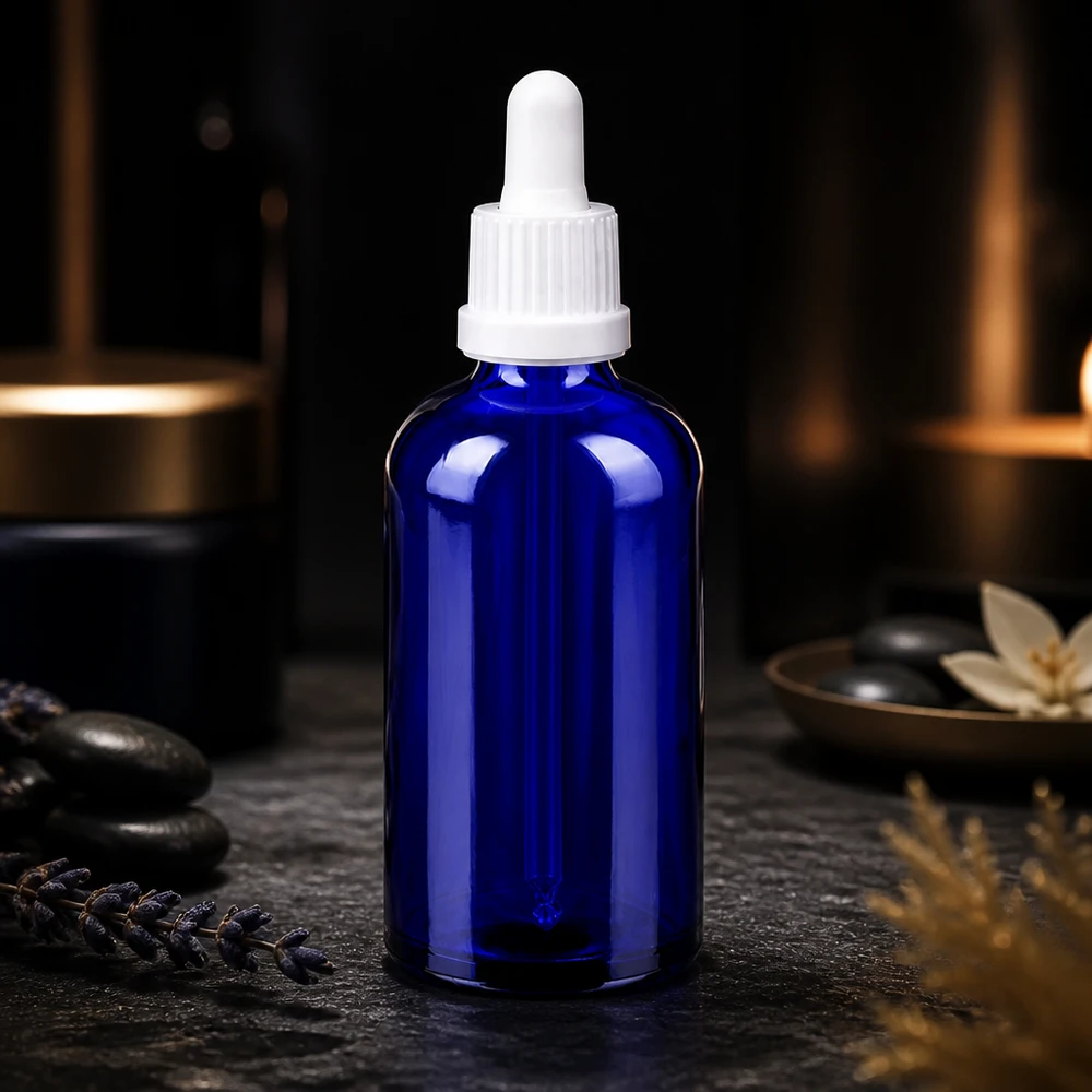 100 ml pipetteflaske hvid OV BlueLine UT18/100 Koboltblå glasflaske 100 ml med ergonomisk pipette til nem håndtering BlueLine UT18/100