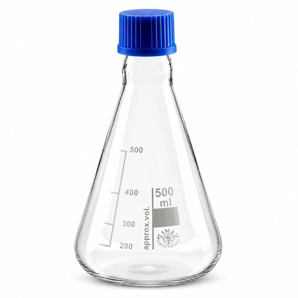 Erlenmeyer-kolbe 500 ml med skruelåg 500 ml Erlenmeyer-kolbe med konisk form og praktisk blå hætte