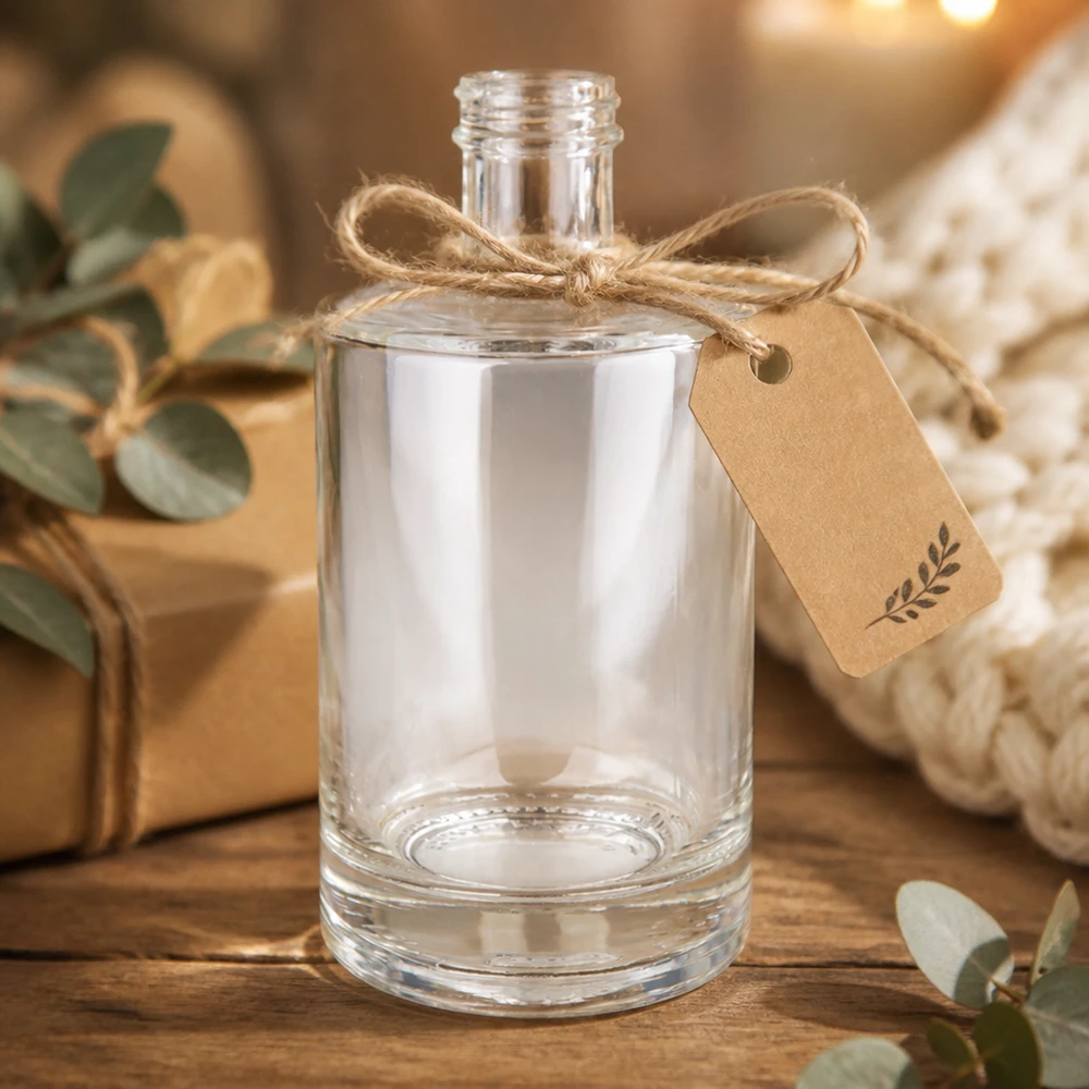 500 ml glasflaske »Sam« uden skruelåg UNiTWIST® 500 ml glasflaske Sam tom med kraftpapirmærke jutesløjfe rustik gaveemballage træfod