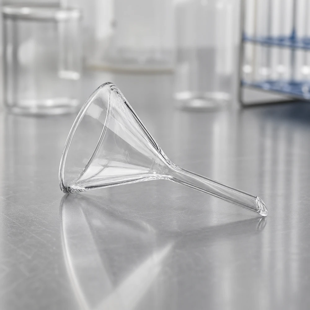 Tragt Ø 45 mm sodakalk, vinkel 60°, kort model Gennemsigtig laboratorietragt af sodakalkglas med en diameter på 45 mm til kemiske anvendelser