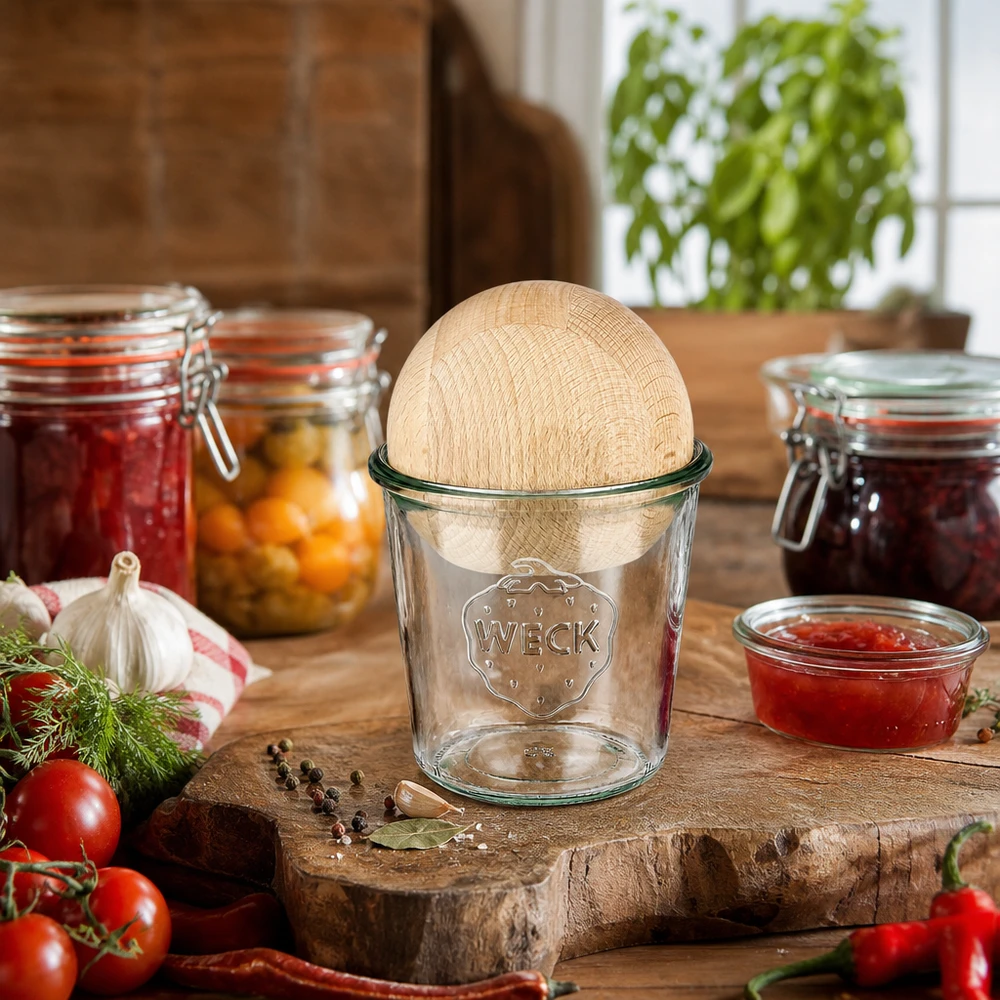 580 ml Briller WECK RR100 med trækugle bøg WECK krukke 580ml RR100 med bøgetræskugle i et rustikt køkken mellem syltetøjsglas og friske ingredienser
