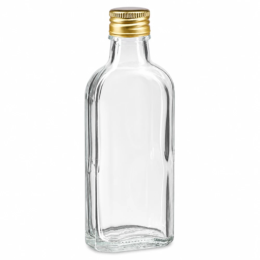 100 ml Meplat klar med aluminiumshætte guld PP22 100 ml Meplat-glasflaske, klar, med gylden aluminiumslukning PP22 til spiritus og likører