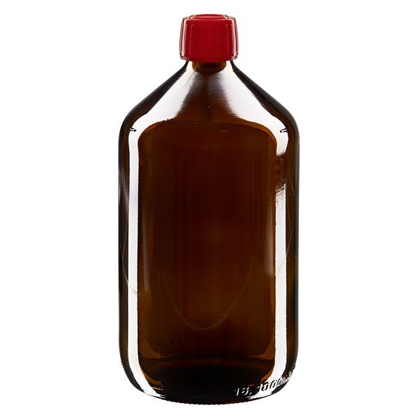 1000 ml medicinflaske brun, rød hætte med tyverisikring ApoGlas. Farmaceutisk kvalitet fra EU-produktion. 28 mm (PP28) gevind. (sirup, lys glasflaske)