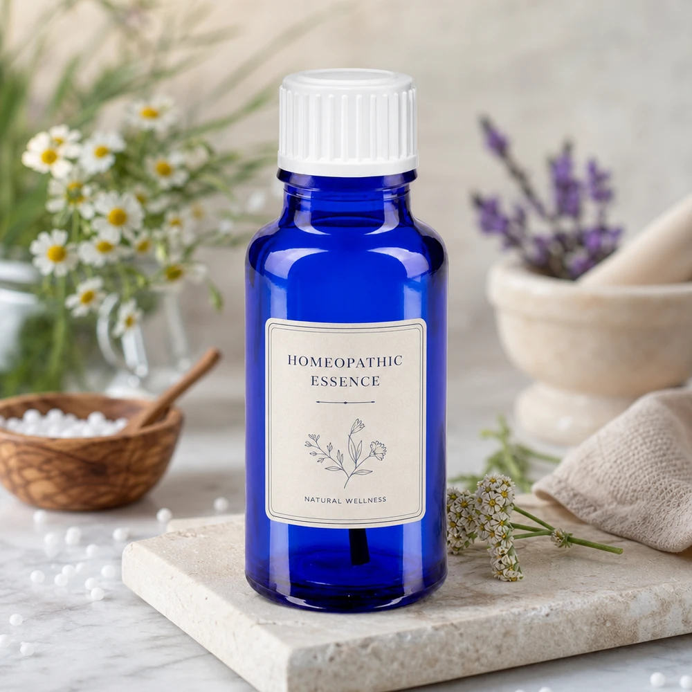 Apoteksflaske blå 20 ml skruelåg hvid børste Homøopatisk essens i en koboltblå 20 ml glasflaske med hvid prop og urtedekoration