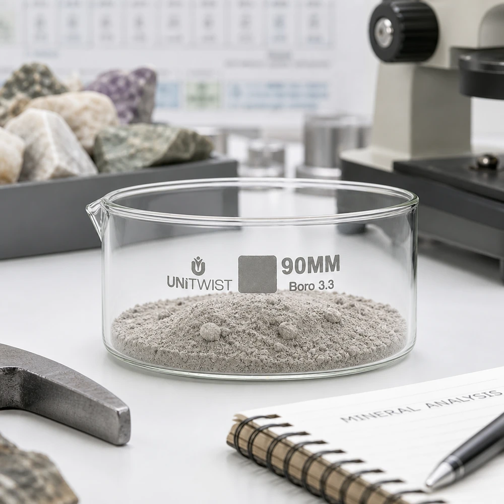Krystalliseringsskål ø90mm borosilikatglas UNiTWIST 90 mm UNiTWIST-krystalliseringsskål med gråt mineralpulver på laboratoriebordet til stenanalyse