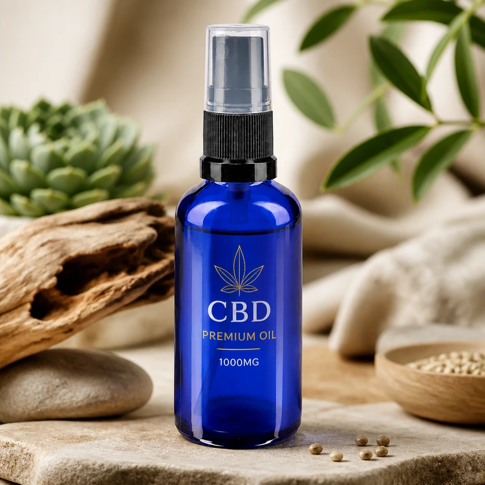 50 ml UV-beskyttet glasflaske i blå med sprøjtehoved til CBD-olie og naturkosmetik