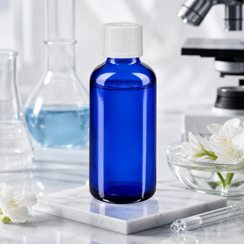 Apoteksflaske blå 50ml dråbetæller hvid KiSi St Blå 50 ml glasflaske med KiSi-lukning i laboratoriet ved siden af mikroskopet og Erlenmeyer-kolben