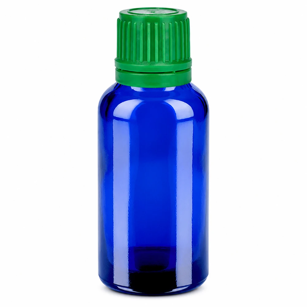 30 ml dråbeflaske af blåt glas med grønt skruelåg til æteriske olier